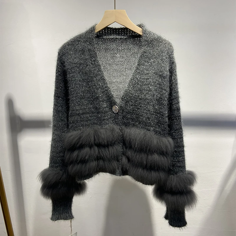 Pull tricoté en vraie fourrure de renard pour femme, décoration extérieure, mode automne, manteau à simple boutonnage