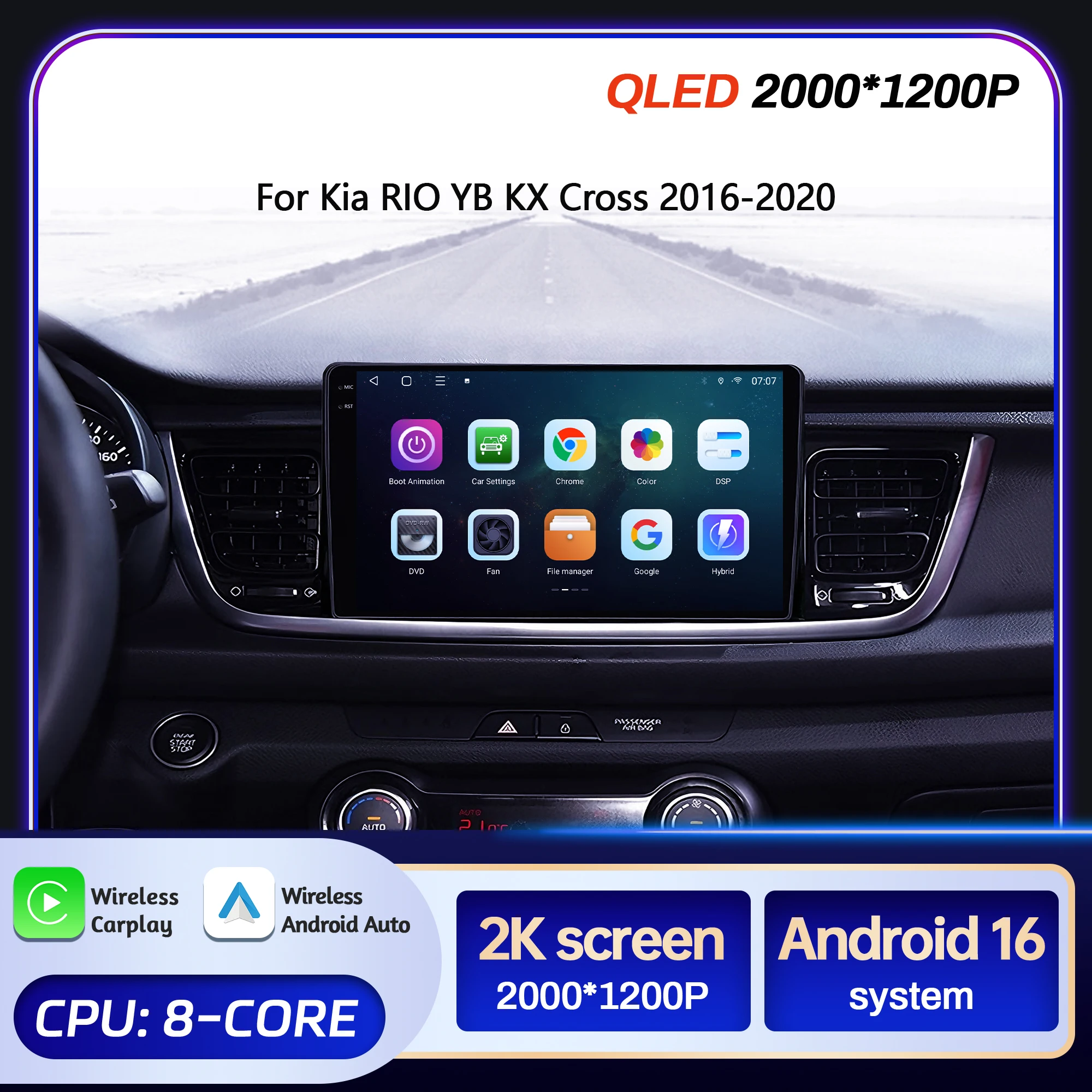 

9-дюймовый автомобильный радиоприемник для Kia RIO YB KX Cross 2016-2020 Android 16, беспроводной BT Carplay, мультимедийная навигация, сенсорный экран 2K QLED