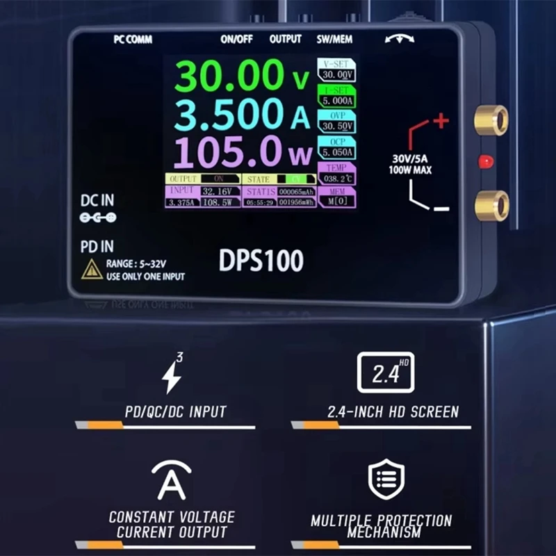 DPS100 30V 5A Portable DC Power Supply 100W Output Digital CNC Adjustable DC Stabilized Power Supply Type-C DC Input