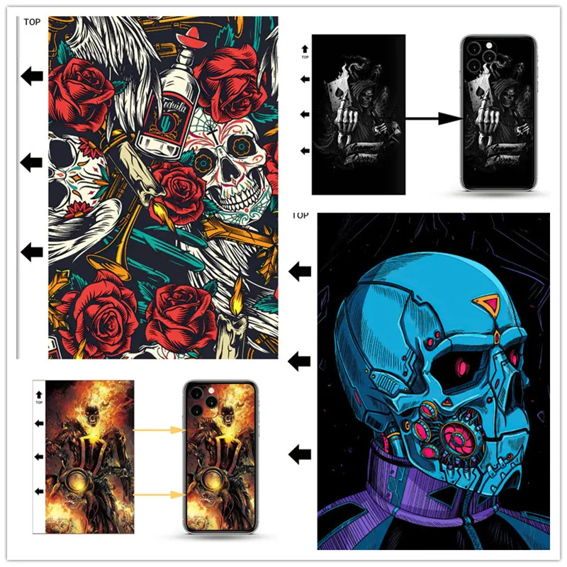 50Pcs Skull Pattern Back Film All Phone iPad Camera Back Skin Cover 3D Embossed For Blade Or Laser Cutting Machine PVC Material