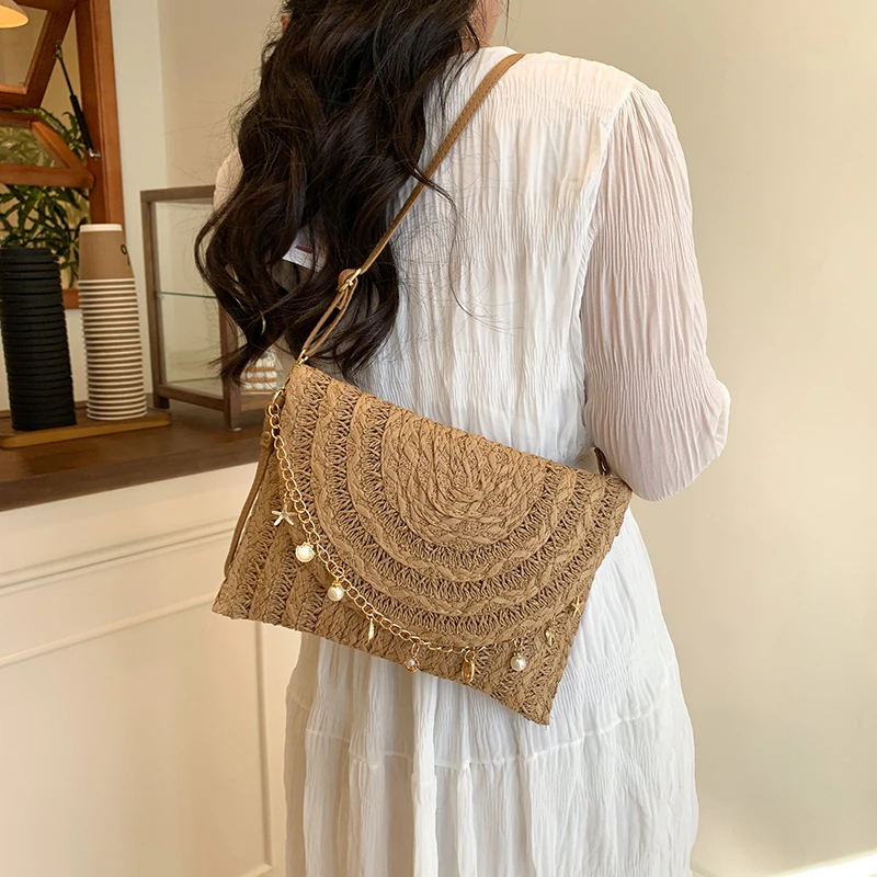 Bolso de noche informal para mujer, bolso de lujo para fiesta y boda, bolso de mano tejido de paja para mujer, rafia, ganchillo, playa, ratán