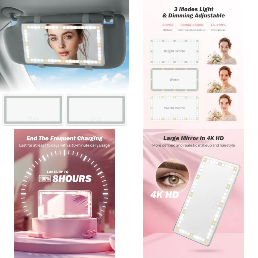 

Car Sun Visor Vanity Mirror, Car Vanity Mirror With Lights, Makeup Mirror with 3 Light Modes and 60 LEDs, Rechargeable Car Mirr