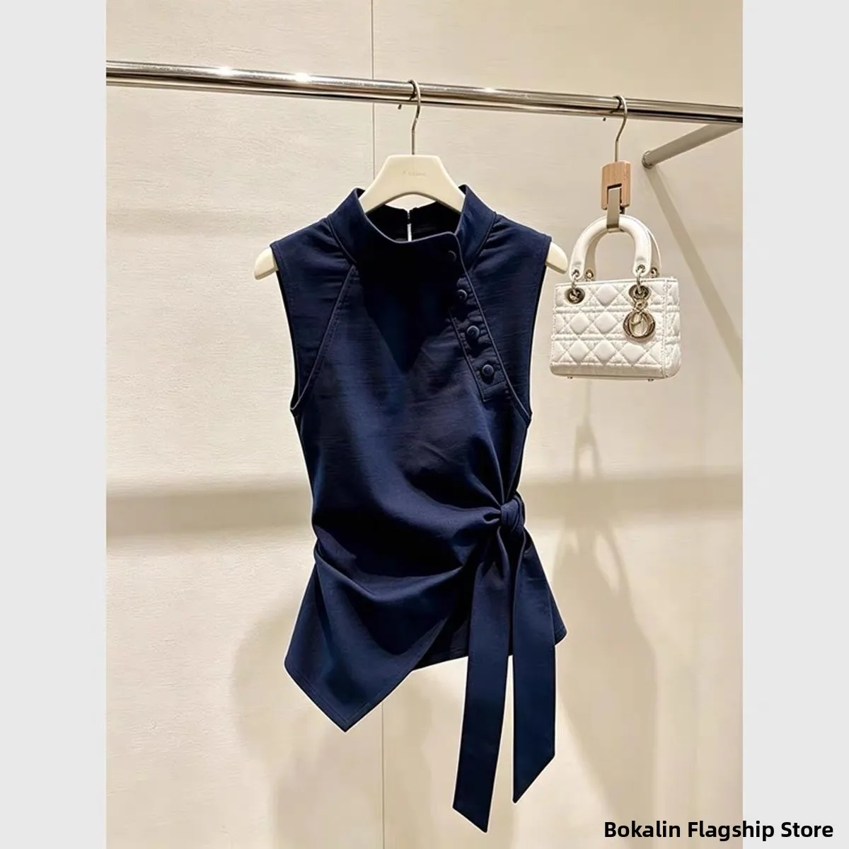 

Elegant Gentle Unique Design Blue Belted Shirt Top Versatile Comfortable Skin-Friendly Breathable Short Sleeve Women's Blouse