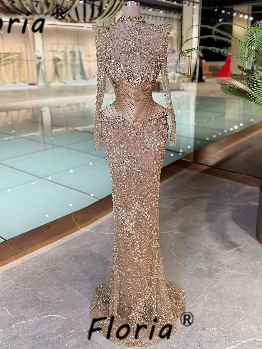 

Brown Mermaid Party Dresses Beaded Crystals Long Evening Luxury Dress Wedding Guest Dress Women Vestidos para mujer elegantes