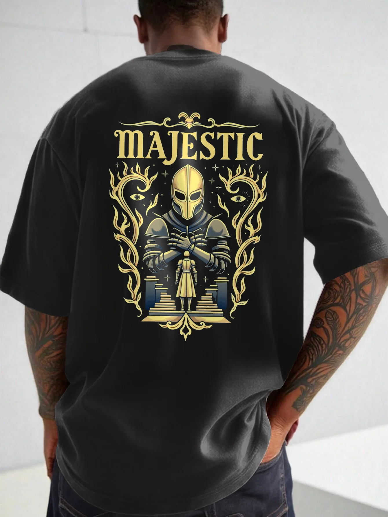 

Summer T-Shirts 2025 Casual Short Sleeve Round Neck Deep blue background MAJESTIC Print Daily Loose T-Shirts For Men