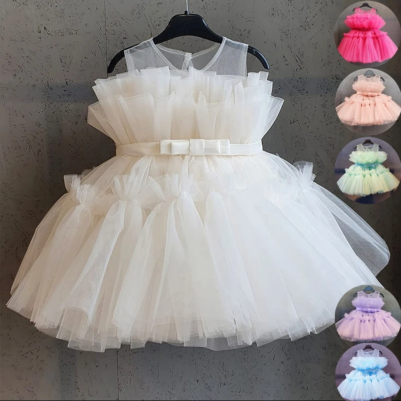 Baby Girls Tulle Princess Dress Flower Elegant 1st Baptism Birthday Party Ball Gown Sleeveless Kids Wedding Evening Formal Dress