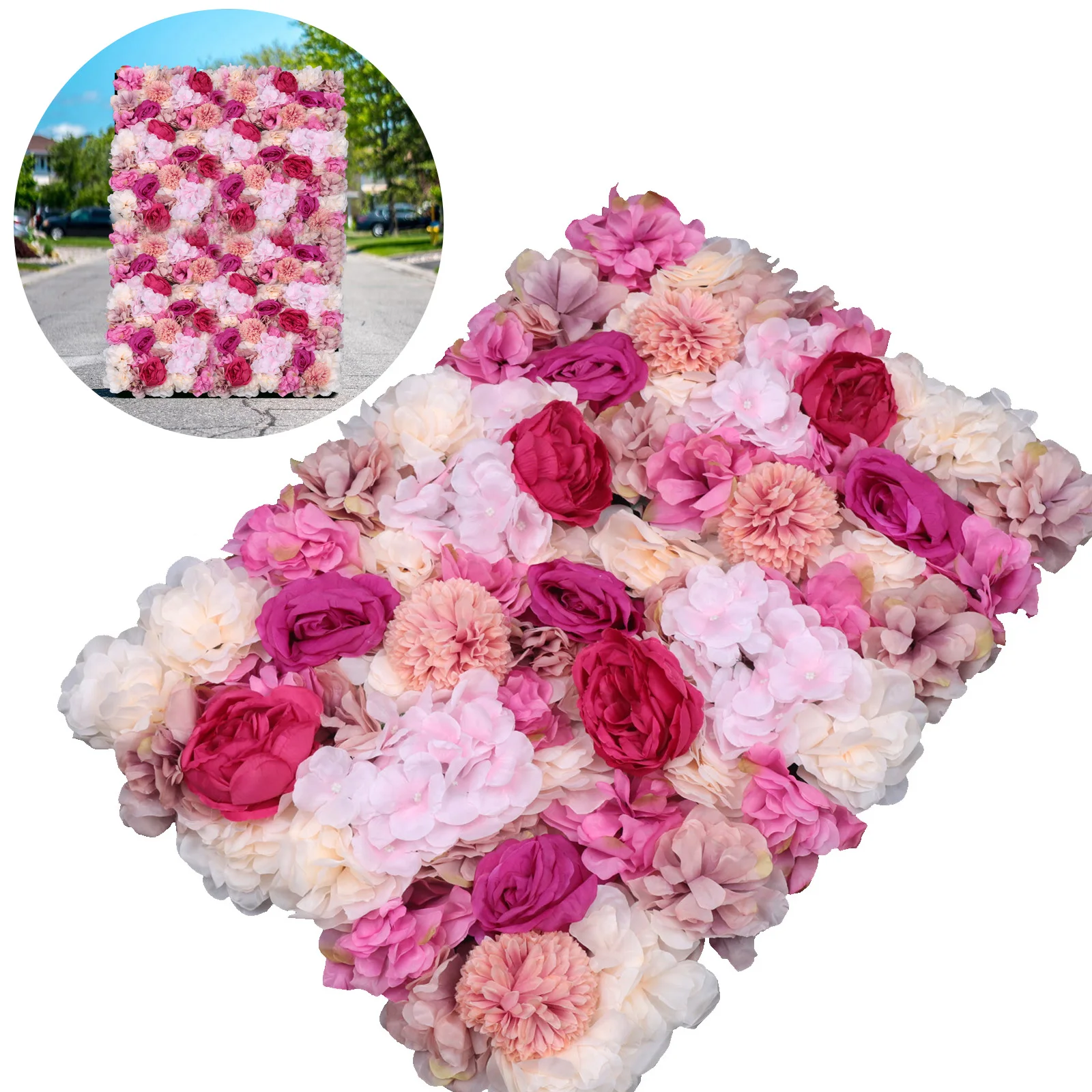 6 Pcs Artificial Flower Wall Backdrop Panels Fuchsia DIY Floral Background Mat 40*60cm