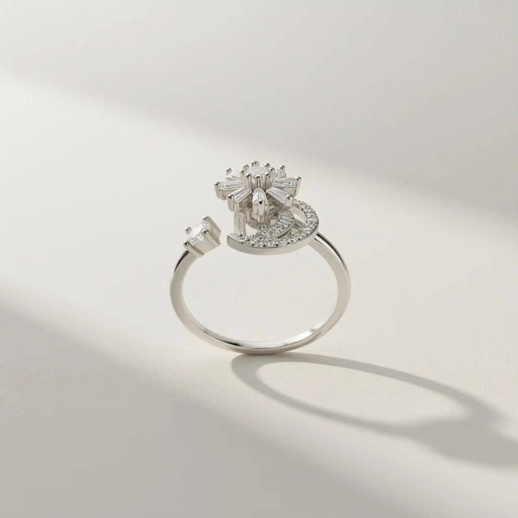 Three dimensional flower ladies rotating open ring, rectangular cut crystal pressure reducing rotating, atmospheric wedding gift