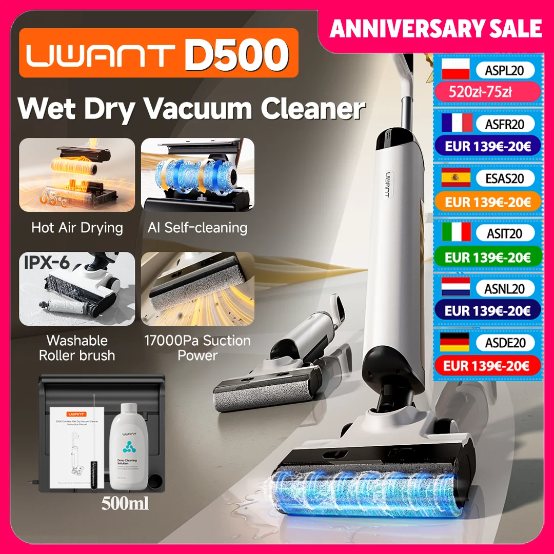 UWANT D500 Wet Dry Vacuum Cleaner 17000Pa Suction 180°Lay-Flat Cordless Mop AI Self-Cleaning 65°C Drying Triple-Sided Edge