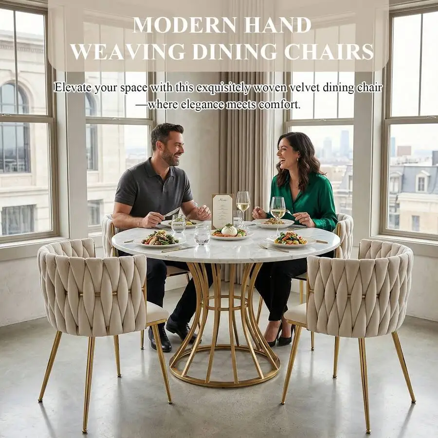 Modern Velvet Dining Chairs Set Of 2 Hand Weaving Accent Chairs Living Room Chairs Upholstered Side Chair With Metal Legs For Di