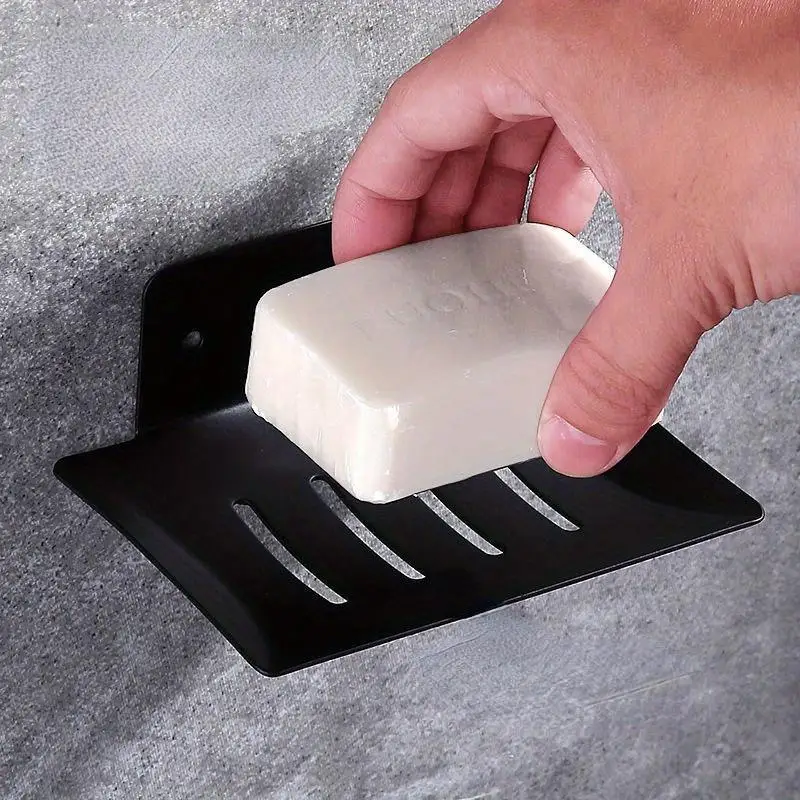 1Pc 304 Soap Box Soap Dish Stainless Steel Non Perforated Black Bathroom Drain Room Wall Mounted Shelf