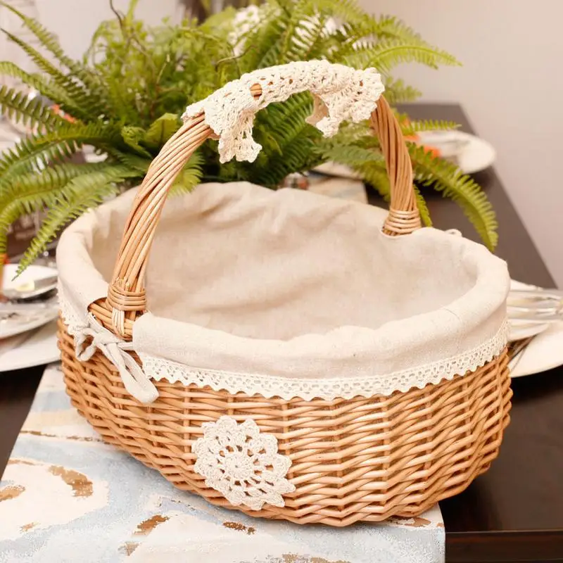 Picnic Rattan Basket Country Style Wicker Hamper With Lid Flower Handle Easter Hamper Decorative Woven Storage Basket Organizer