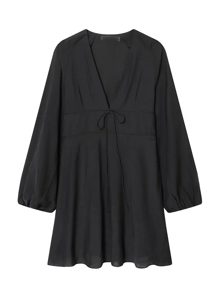 

HH Women's Spring Fashion Retro V-Neck Loose Mini Dress Female Temperament Elegant Simple Solid Bow Decorated Long Sleeve Dress