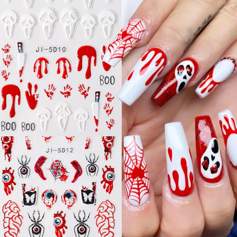 5D Halloween Nail Sticker Festival Party DIY Adhesive Slider Stickers Horror Bloody Skull Bone Clown Spider Manicure Decoration