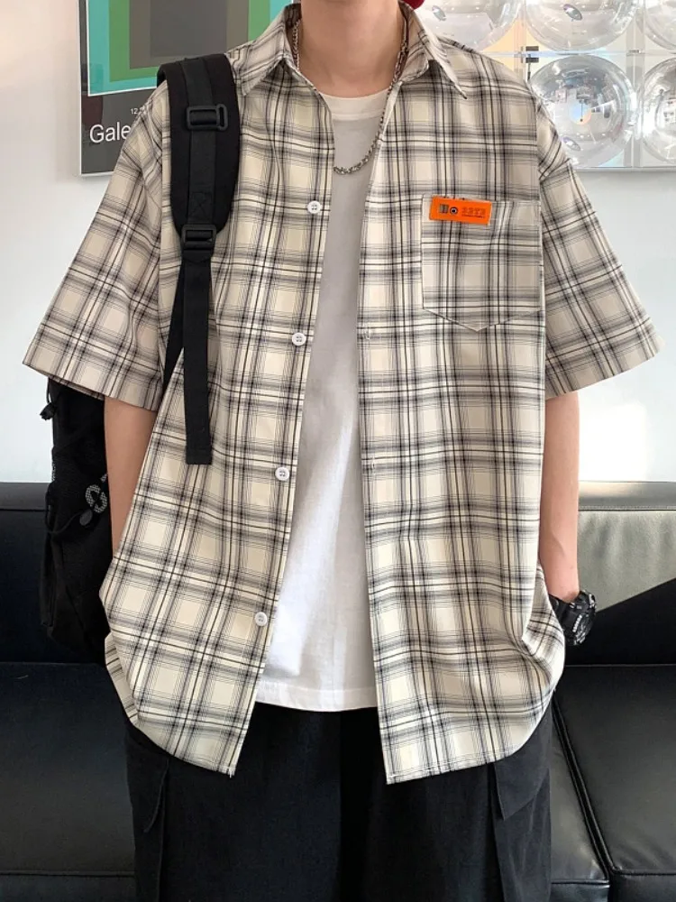 

Летняя мужская рубашка в клетку с коротким рукавом, свободного кроя, в корейском стиле, дышащая, молодежная, модная, на пуговицах, повседневная верхняя одежда