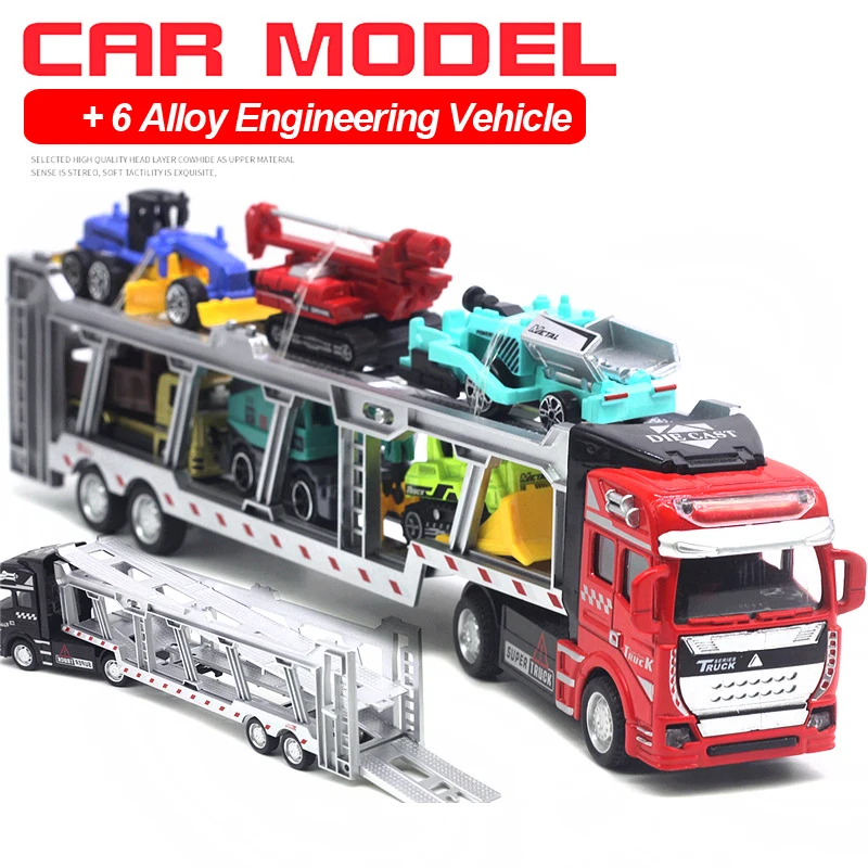 7 in 1 Transport Truck Toy Alloy Pull Back Function Carrier Truck Model Toy with 6 Small Engineering Vehicles toy for boys B055