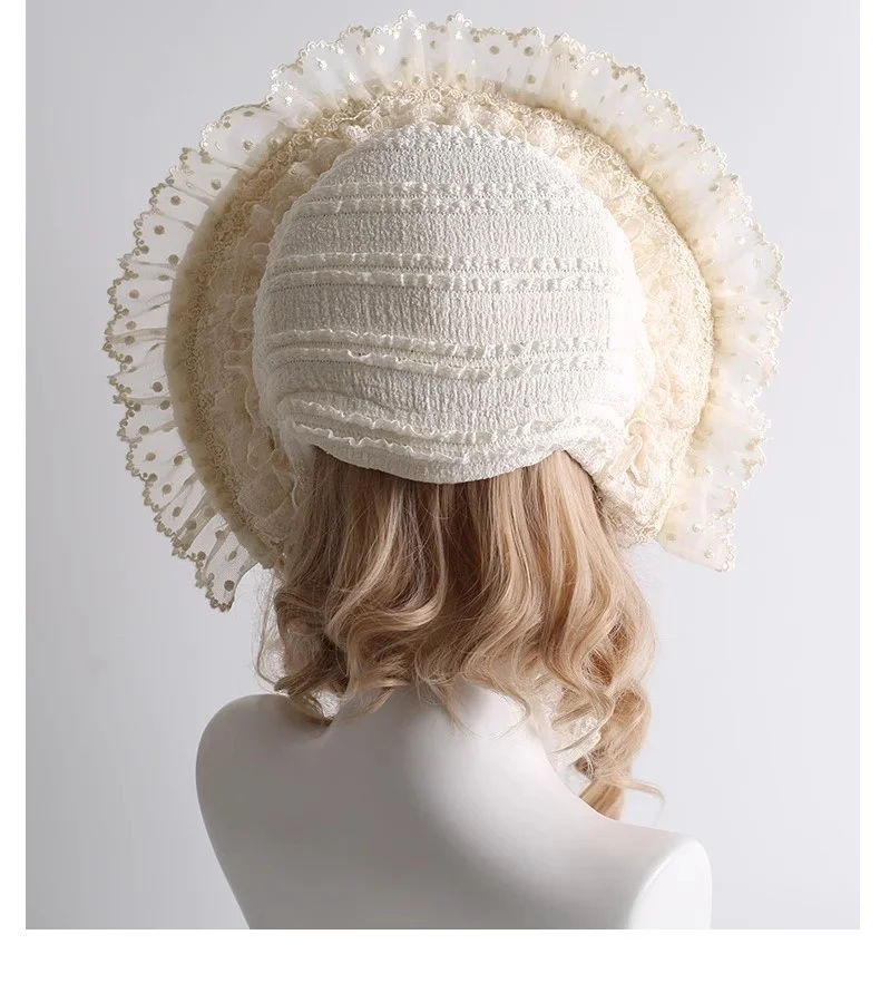 Nuevo Original Retro hecho a mano pastel gótico gorro sombrero mujer moda Beige Lolita cinta de encaje Cosplay precioso sombrero plano