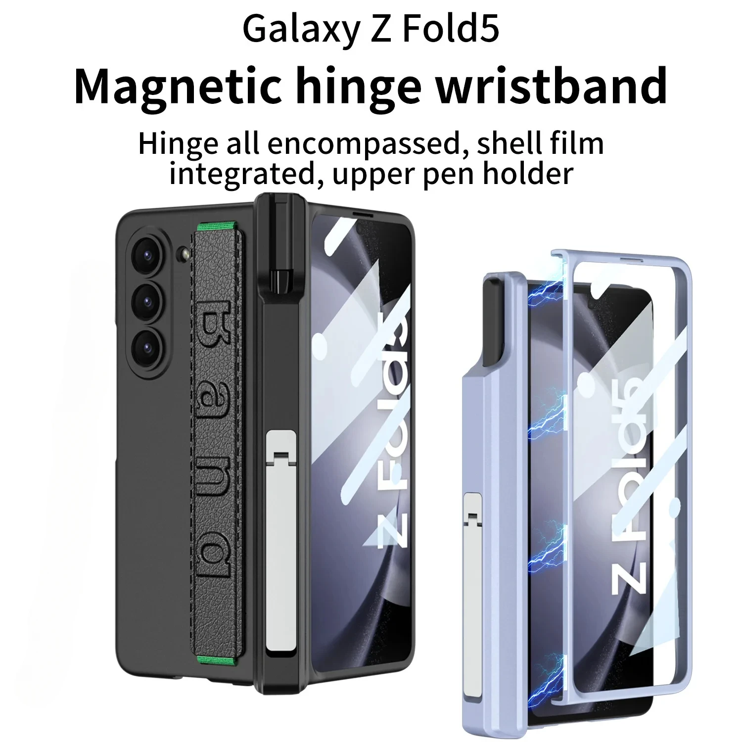 Pencil Case Foldable Screen Case For Samsung Z Fold5 Phone Case Elastic Wrist Strap Magnetic Suction Hinge Bracket Z Fold5 Cover