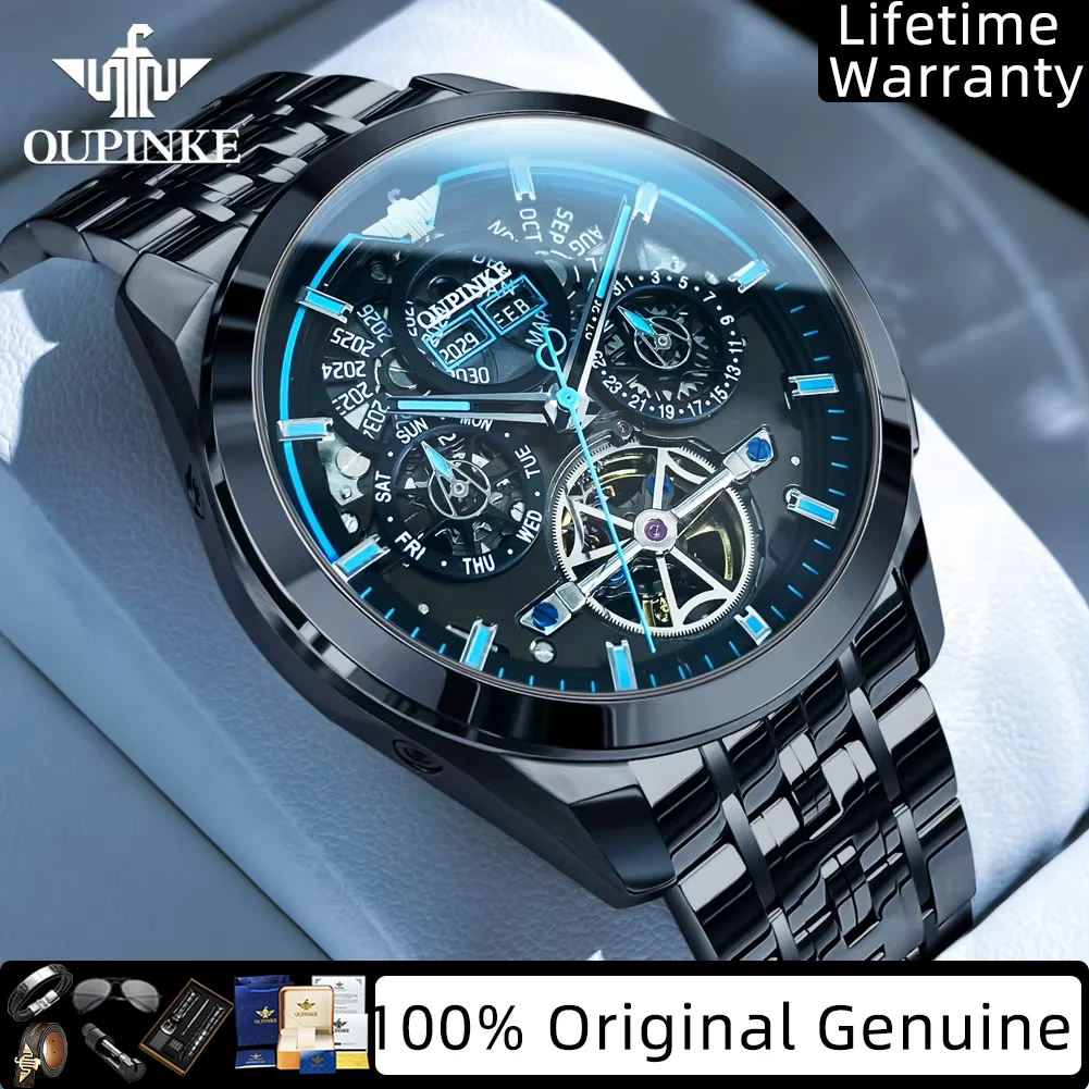 

OUPINKE Роскошные автоматические мужские часы из нержавеющей стали, многофункциональные механические наручные часы со скелетом и маховиком для мужчин 3235