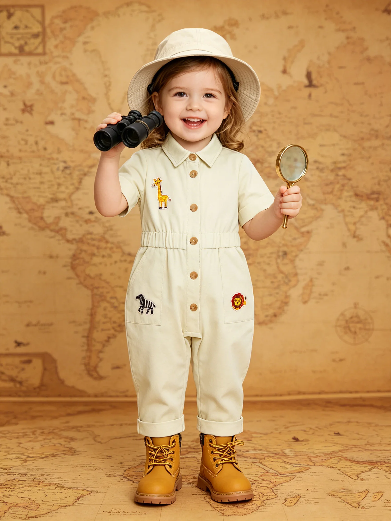 Toddler Baby Zookeeper Jumpsuit Turn-down Collar Short Sleeve Elastic Waist Romper Zoo Park Photo Shoot Bodysuit for Girls Boys