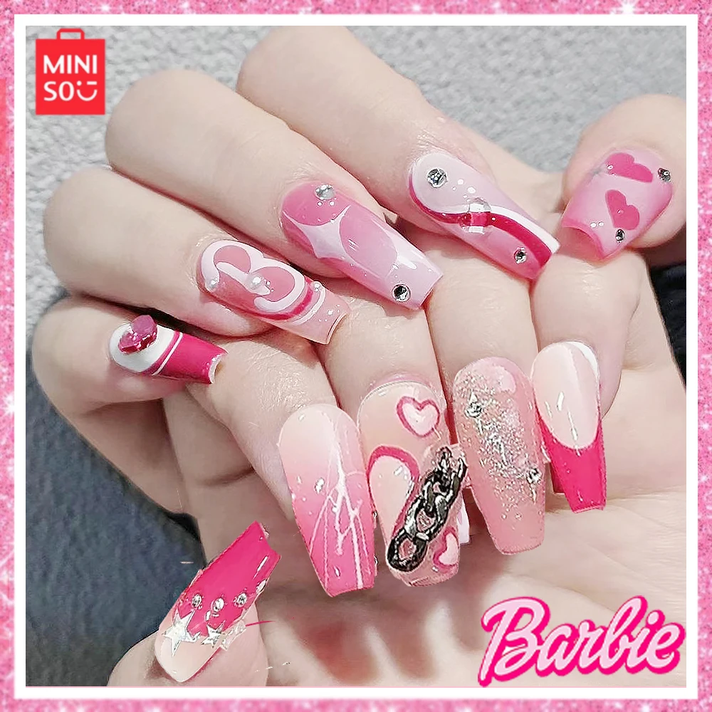 Miniso Barbie Y2K Pure Handmade Kawaii Bow Diamomd Pink Wearing Hard Nails Reusable Nail Enhancements Birthday Gift Girl Shiny