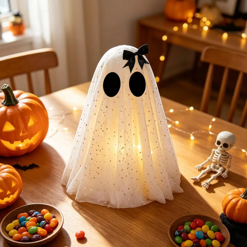 Halloween Party Table Centerpieces Halloween Ghost Decor Set Spooky Sequin Mesh Fabric Ghosts with Witch Hats Small Standing