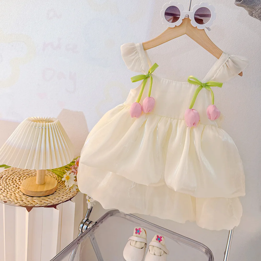 Baby Girl Clothes Summer Tulip Pattern Solid Color Halter Puffy Girl Kids' Dress Cute Casual Princess Dress For Baby Girl