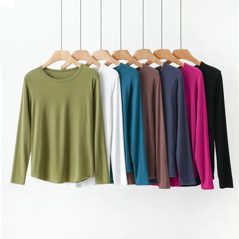 Large size Rib Tshirt O-Neck Long sleeves Solid color spring Autumn T-shirt Loose casual Tee tops Base Bottoming Tees