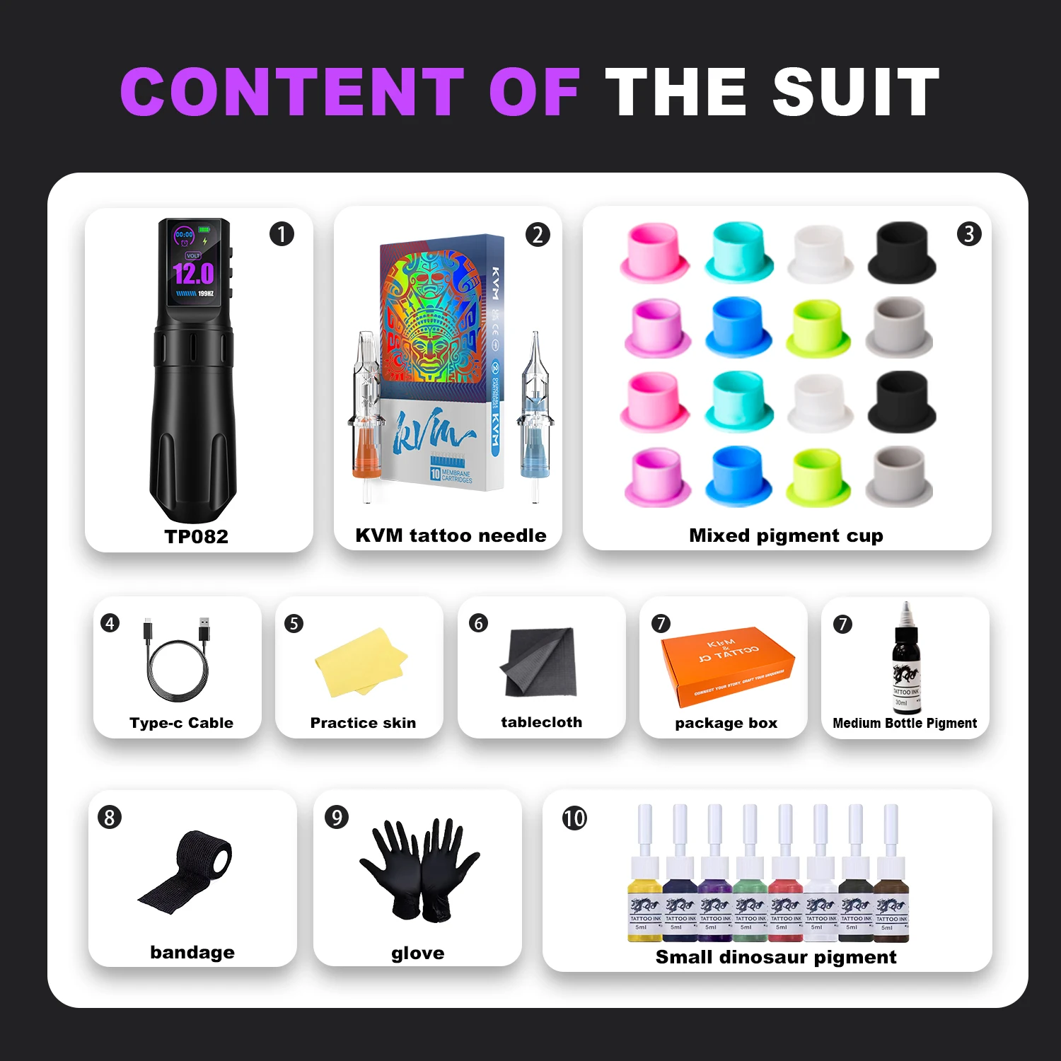 

KVM Wireless Tattoo Machine Pen Set 1800mAh Suitable for Professionals 8 Colorants 1 Bottle of Black Ink Practice Care Set