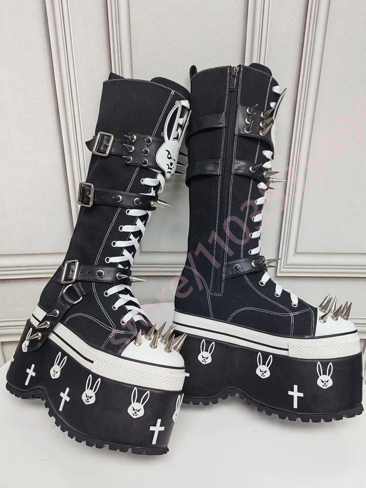 Thick Sole Rabbit Studded Canvas Boots 2026 New Belt Buckle Round Rock Y2K Motorcycle Boots Fashion Party Casual Gothic Stage Bo view 2