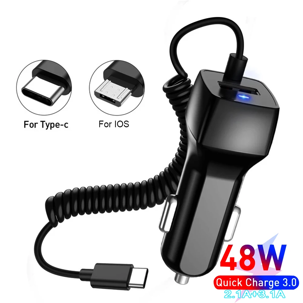 Spring Cable USB Car Charger With IOS USB Type C Cable Fast Charging For Samsung iPhone Xiaomi Quick Charge QC3.0 Car Charger