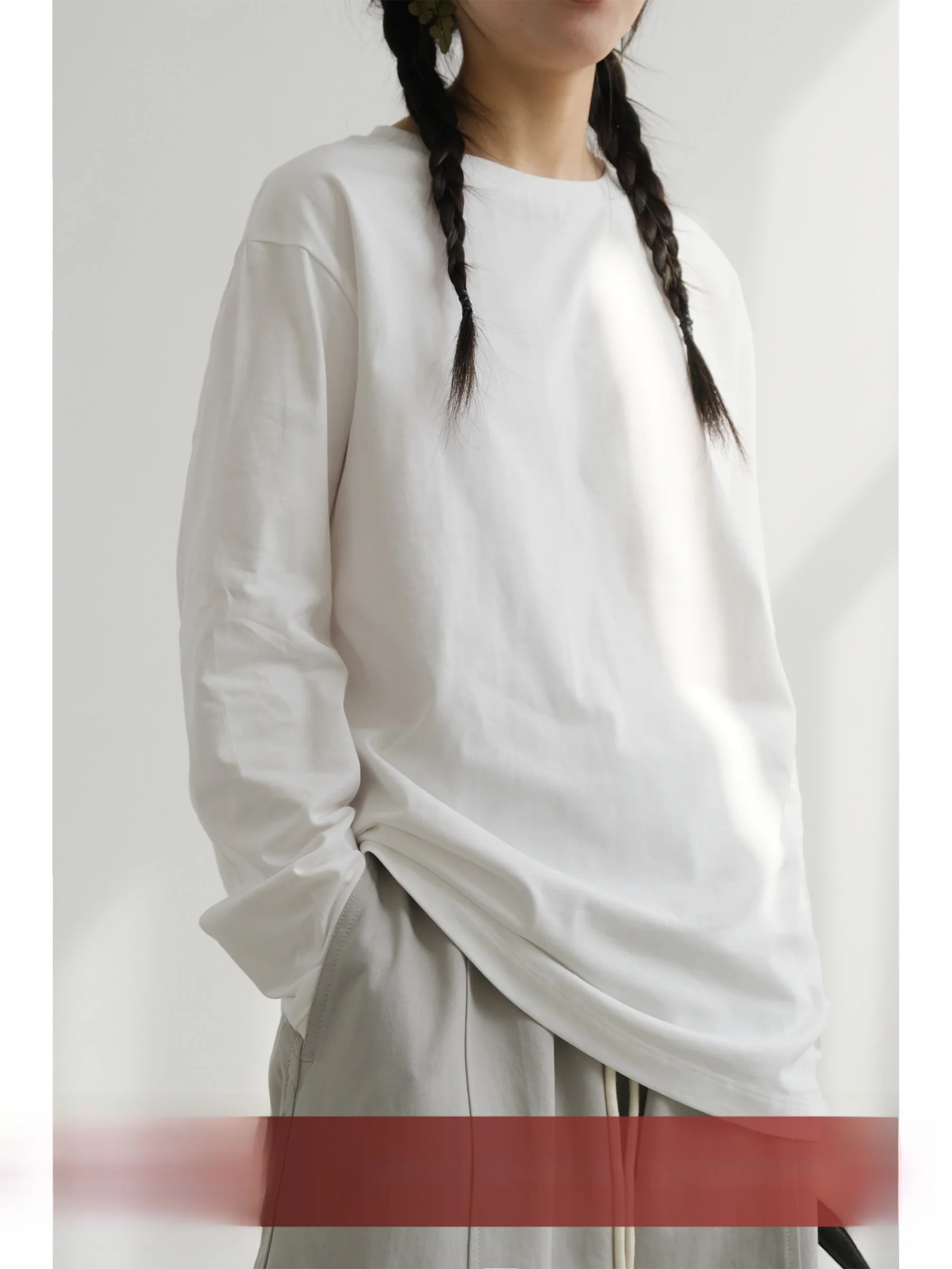 

mat Sle Long Sve Cotton T-irt Women's Spring Loose Versatile Layering Outerwear Base irt Simple Color