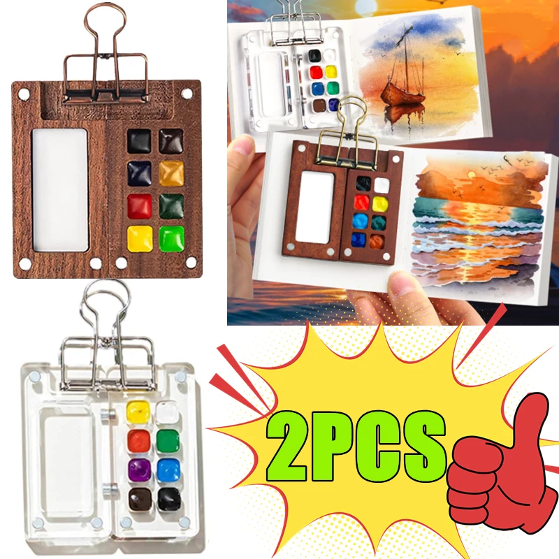 

1/2PCS Portable Acrylic Sketchbook Palette Mini Walnut Wood Color Palette Box Travel Watercolor Case For Drawing(Without Colors)