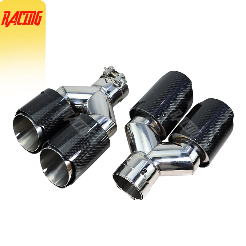 

1Piece Exhaust Tip 89mm Outlet Glossy Carbon Fiber Universal Muffler Pipe Y Shape Double Exit Nozzle Decoration Stainless Silver