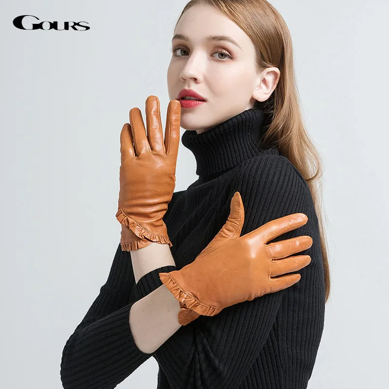 GOURS Winter Real Leather Gloves Women Light Brown Genuine Goatskin Gloves Fashion Fleece Lined Warm Floral Border New GSL054