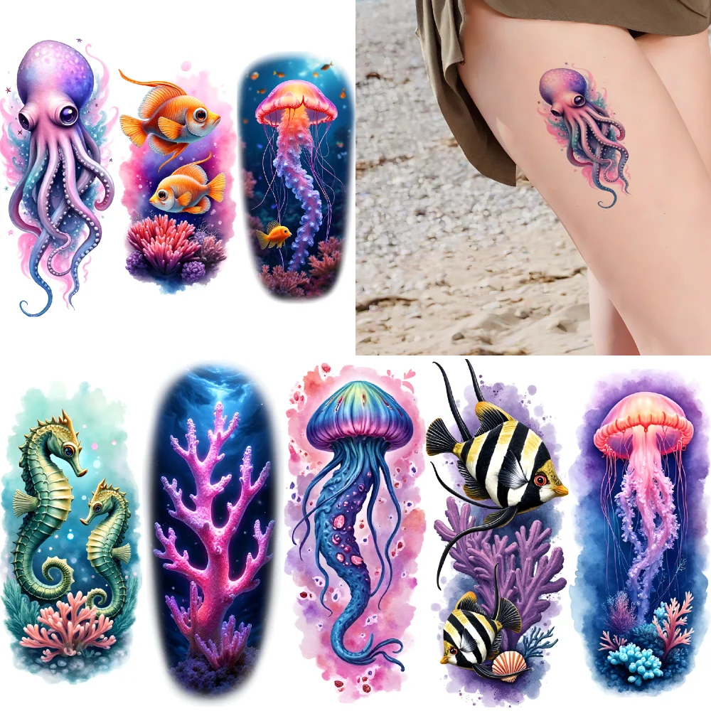 

12pcs Temporary Tattoo Marine Creatures Realistic Temporary Tattoos Seahorse Underwater Scene Colorful Realism Octopus For
