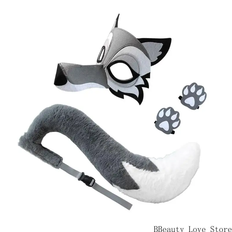 Wolf Face Mask Mask Wolf Tail en Handschoenen Halloween Animal Wolf -kostuum voor Kid volwassene