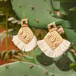 Handmade Bohemian Shell Rattan Wicker Straw Drop Earrings for Women Girls Vintage Geometric Declaration Earrings