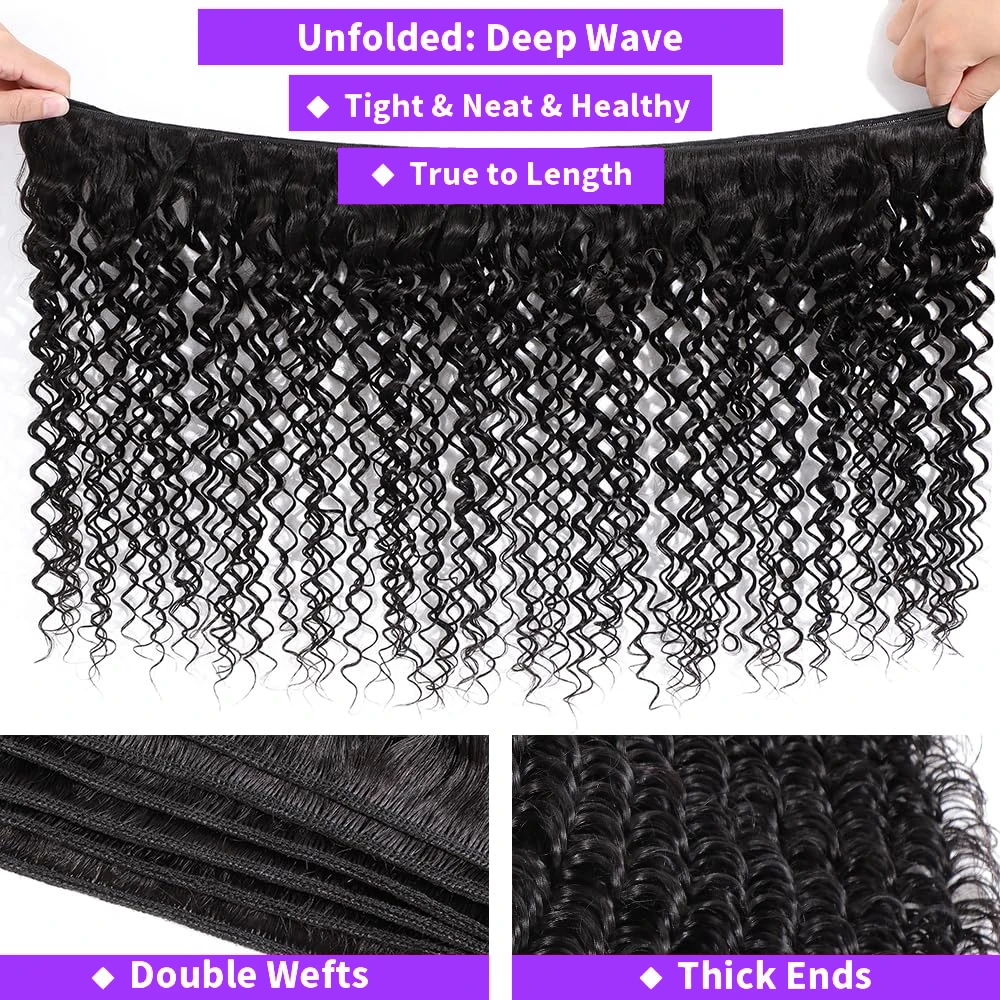 Deep Wave Human Hair Bundles With 13x4 HD Lace Frontal With Extensions Brazilian Weave 3 Bundles With Frontal for Women