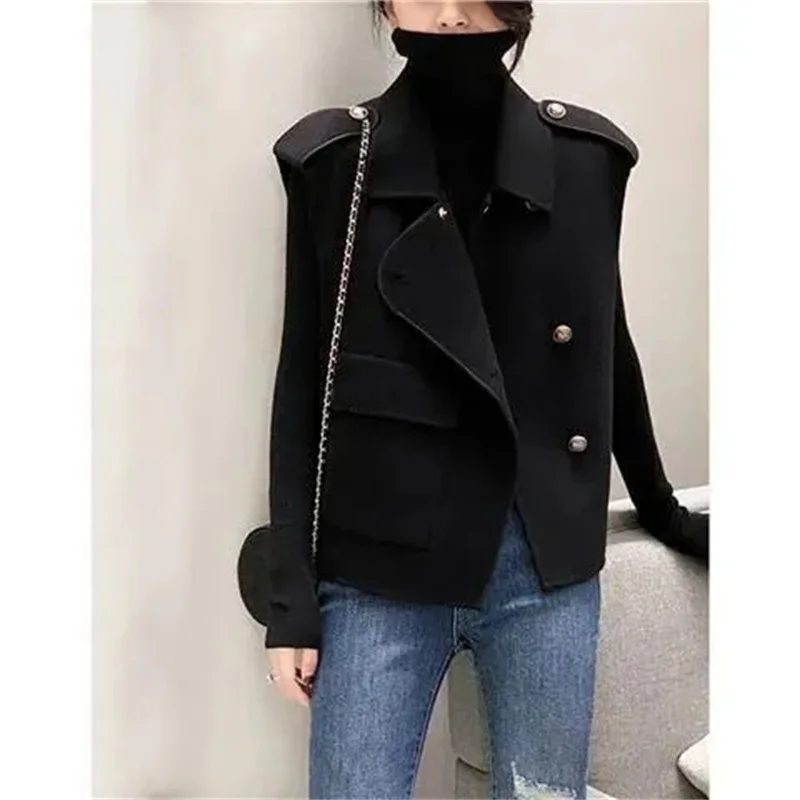 

Весенне-осенний женский короткий шерстяной жилет, пальто, европейская женская повседневная верхняя одежда без рукавов, женская модная короткая куртка-бретелька