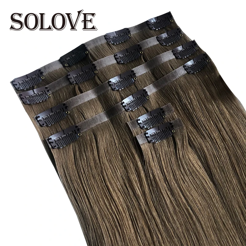 Straight Clip In PU Hair Extensions Real Virgin Human Hair Brazilian Hairpiece 6pc/set Seamless Full Head 10-30\