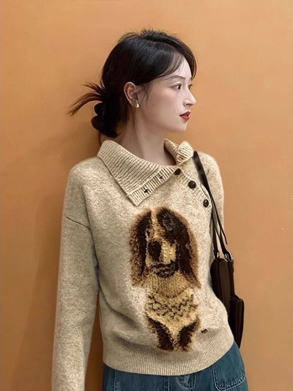 Chic Khaki Dog Collar Pullover Knitted Sweater Women's Autumn Winter Loose Lazy Sle Outerwear Fem Faion Casual Top