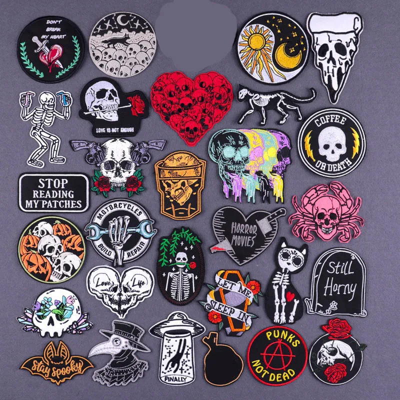 Skull Skeleton Embroidered Patches For Clothing Thermoadhesive Patches Punk Style Iron On Patches On Clothes Stickers Badges DIY