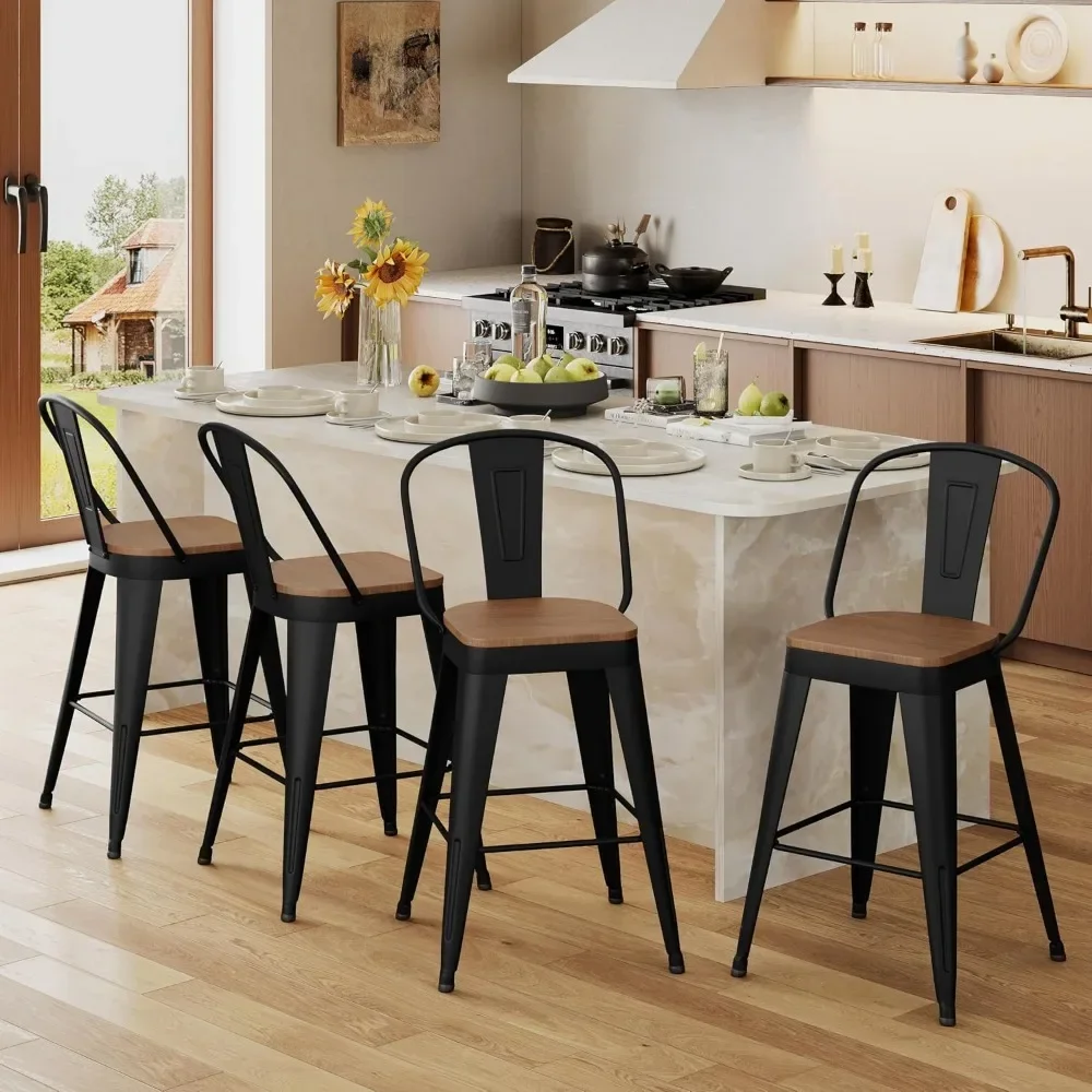 Set of 2 Metal Bar Stools, 24" Counter Height with Backs, Black Frame, Modern Farmhouse Design view 6