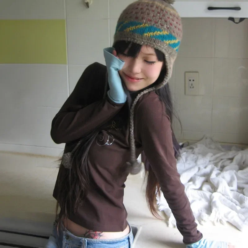 Y2k المحاصيل القمم خمر الماس طباعة كم طويل التي شيرت Harajuku ثقافة فرعية اليابانية Y2k الياقة المدورة تي شيرت جماليات الجرونج