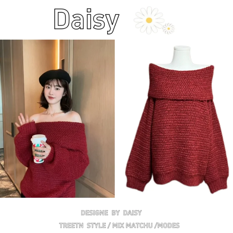 Fashionable Red Knitted Pullover Sweater, Featuring A Slash Neck, Long Sleeves, A Casual Top And A Sexy Off-The-Shoulder Design