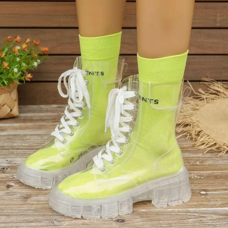 Fashionable Women\'s Transparent Thick Sole Boots Waterproof Ankle Boots Hot Selling Round Toe Medium Heel Casual Women\'s Shoes