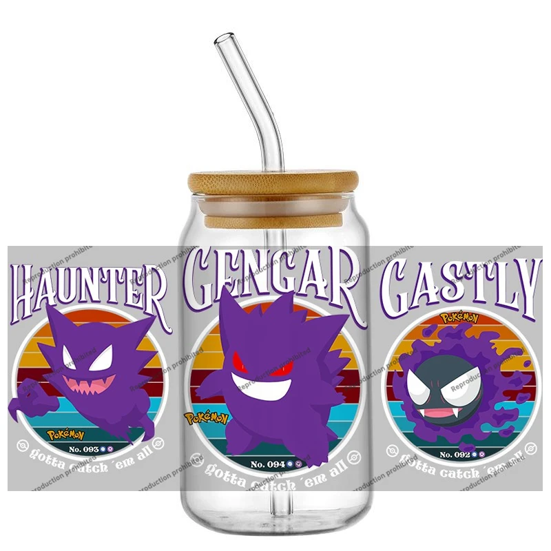 

Miniso Cute Cartoon Elf Design Transfers Sticker for 16oz Glass Cup Wrap Stickers Gengar Mew Pattern UV DTF 3D Sticker
