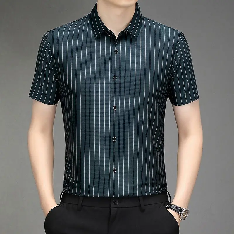 

High-quality Men's Formal Shirt with Short Sleeve and Stripe Detail Perfect for Summer Office Use Made from Breathable Ice Silk