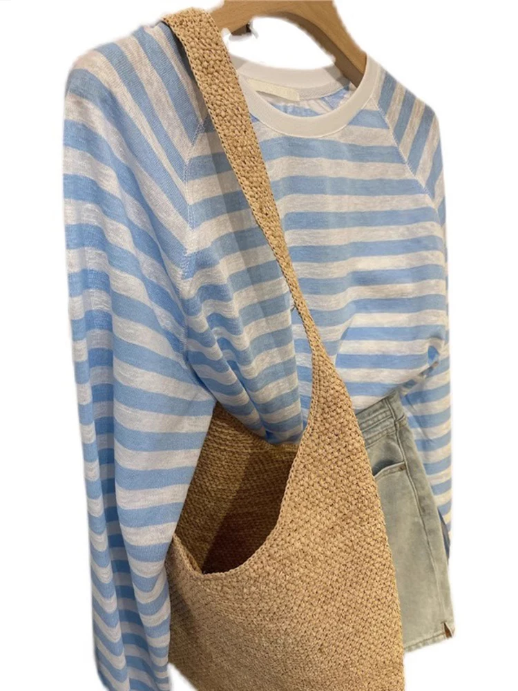 

Plus Size Korean Sle Fre Blue Striped Long Sve Women's T-irt Summer Loose Lazy Lightweight Casual round Ne Sun Protectio...